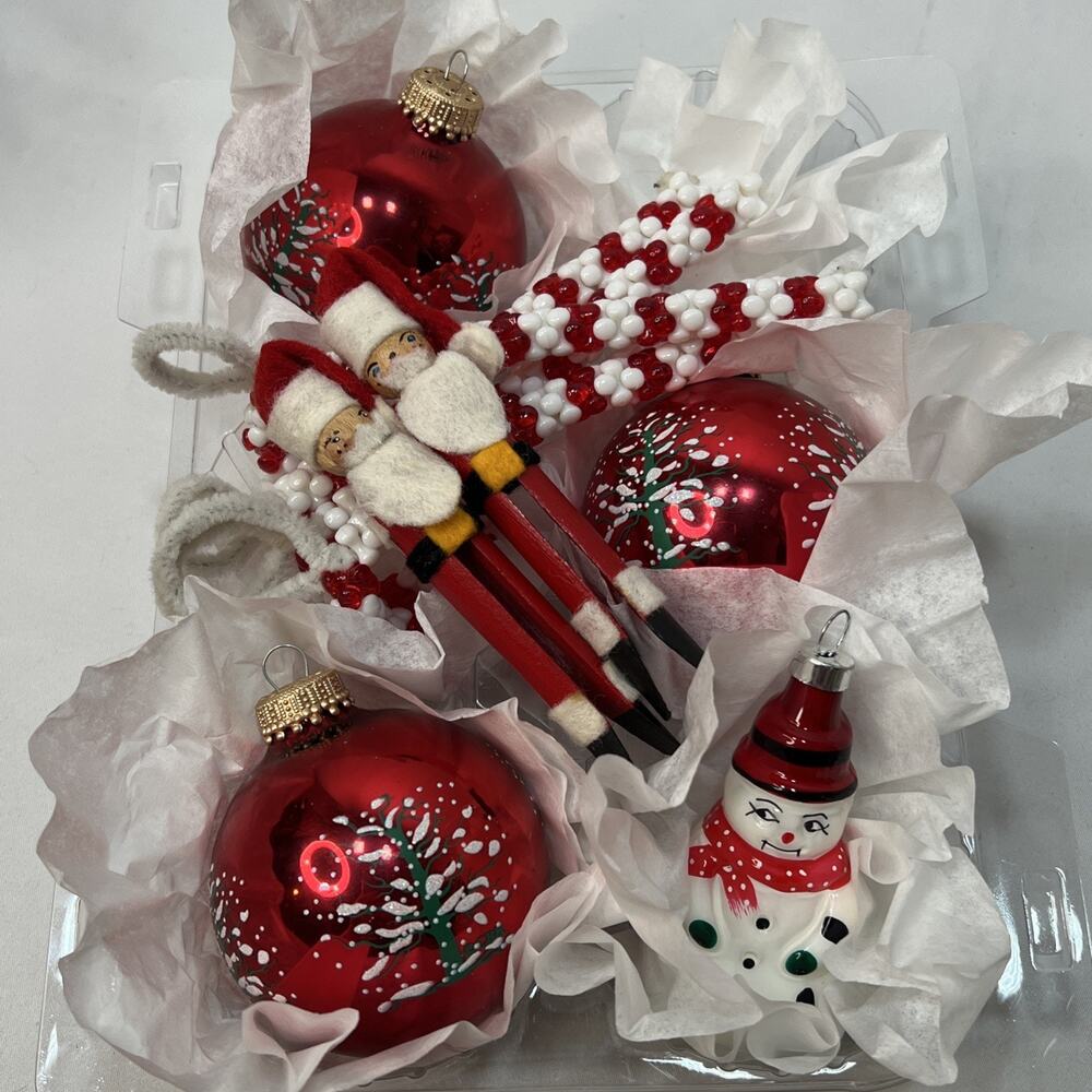 Vintage Red White Ornaments Candy Canes Glass Snowman Clothespin Santa Lot of 10